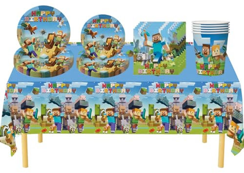 51Pcs Mine Craft Birthday Party Tableware Set,Boys Mine Craft Party Decorations Table Cloth,Paper Plates Napkins and Cups for Kids Boys Miner Gaming Theme Birthday Party Decorations Supplies