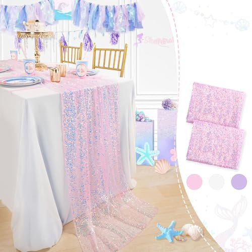 BrillShine Tischläufer Rosa 2 Stück 63 x 300 cm Tischläufer Tischband für Meerjungfrau Pailletten Geeignet für Party deko Geburtstag Hochzeiten, Weihnachten Einschulung Deko