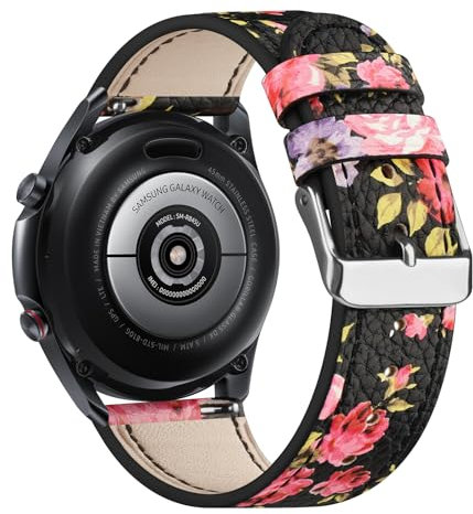 Cuir Bracelet Compatible avec Huawei Watch GT2/GT 2 Pro/GT3/GT 2e 46mm, 22mm Bracelet de Remplacement pour Homme Femme (Fleur Noire Rose)
