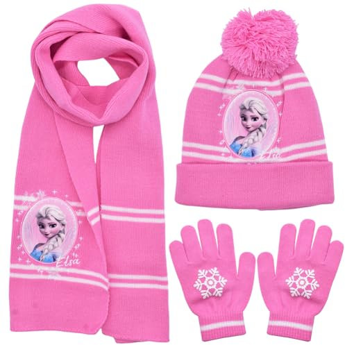 Frrozen Mütze Schal Und Handschuh Set Elsa Kinder 3 Stück Cartoon-Drucke Herbst Winter Mädchen warme gestrickte Mütze mit Schal Handschuhe Geschenke für Kinder Mädchen