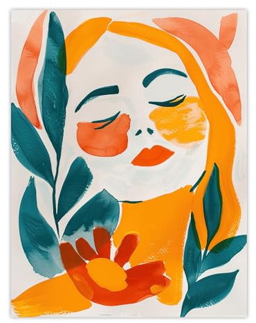 Artery8 Abstract Floral Female Portrait Orange Teal Boho Living Room Unframed Wall Art Print Poster Home Decor Premium