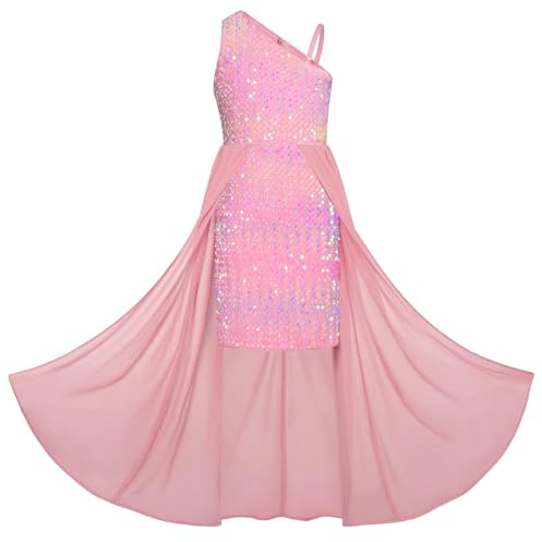 GRACE KARIN Filles Asymétrique sans Manches Une épaule Robe à Paillettes A-Ligne Robe de Princesse Rose Coloré 7 Ans