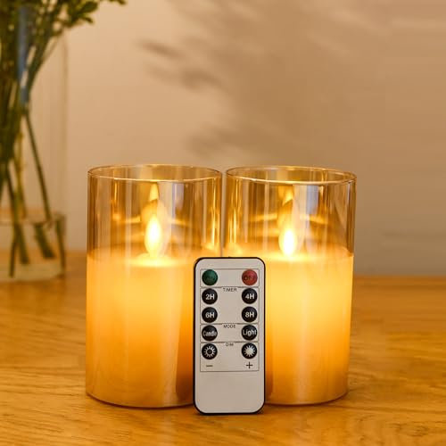 FiiMoo LED-Kerze, 2 Stück, batteriebetrieben, LED-Kerzen ohne Flamme, Kerze mit Fernbedienung, batteriebetrieben, Kerzen für Weihnachten, Party, Urlaub, Hotel Dekoration, 12,5 cm, braunes Glas