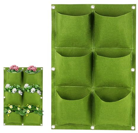 Gudalea Bolsa de Cultivo para Plantas, Bolsa de Cultivo, Columna de Flore Colgante de Pared, Reutilizable, Adecuado para El Cultivo de Hortalizas, Flores, Frutas y Setas, 6 Bolsillos, Verde