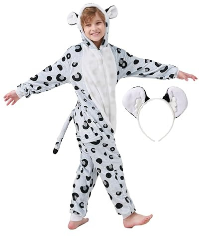 corimori Flauschiges Schneeleopard-Kostüm für Kinder mit Haarreif | Karneval Fasching Kostüm Onesie für Mädchen, Jungen | Körpergröße 130-150cm