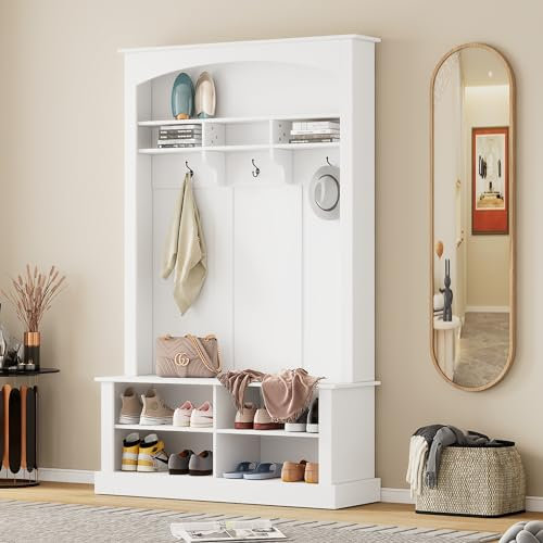 SogesHome Garderobe Set mit Schuhbank Schuhablage Aufbewahrungsbank mit 3 hängenden Haken,4 offenen Staufächern,Garderobe für Flur,120x40x190 cm