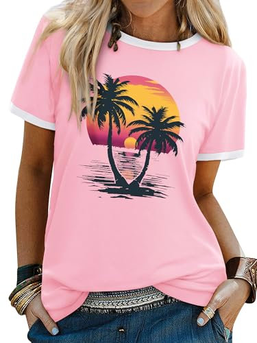 WIEIYM Women T Shirts Tree Sunset Sea Graphic Print Summer Ladies Tshirt Holiday Beach Hawaiian T Shirt Unisex Crew Neck Short Sleeve Tops Light Pink