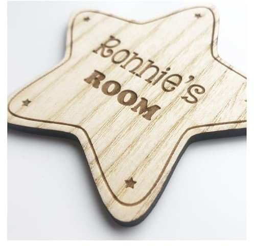 Children's Star Bedroom Door Name Sign - Self Adhesive For Kids Room's Personalised Wooden Laser Engraved