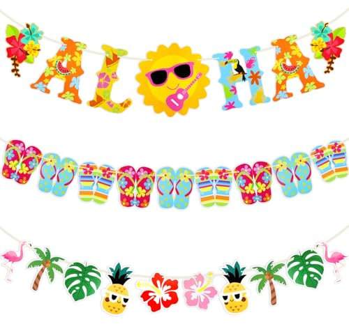 3 Stück Hawaii Party Deko Banner,Aloha Hawaii Party Deko Girlande Set,Flamingo Ananas Palmblatt Flip-Flops Hibiskus Deko,Hawaii Strandparty Deko für Gartenparty,Geburtstag,Pool & Luau-Feiern