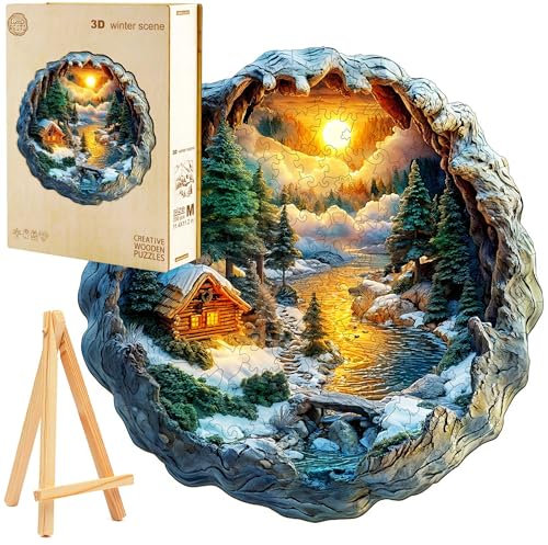 PASJO Holzpuzzle für Erwachsene 3D-Puzzle Winterlandschaft 275 Einzelteile Holzschachtel Mini-Staffelei Wooden Puzzle Holzhaus am Fluß