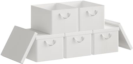 WOLTU Aufbewahrungsbox mit Deckel 5 Stück, aus Polyesterstoff, für Schlafzimmer, Arbeitszimmer, Wohnzimmer, Organizer Box mit Griffen, für Kleidung Spielzeug, faltbar, Weiß, 43x26x33 cm