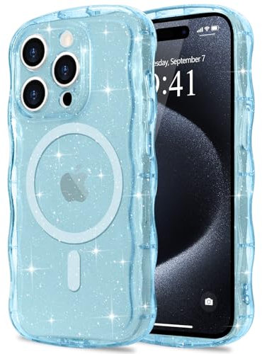 Pepmune Cover Magnetica per iPhone 15 Pro Max Custodia Compatibile con Magsafe Cornice Ondulata Forma Custodia Trasparente Brillare Glitte Cover Protettiva Antiurto Case per iPhone 15 Pro Max Blu