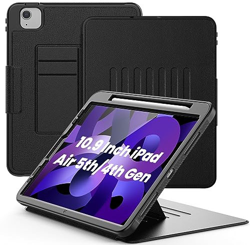 SEYMAC Funda para iPad Air 5.ª/4.ª Generación 2022/2020 10,9 Pulgadas, Funda Protectora Completa con Auto Sueño/Despertar, con 7 ángulos de Soporte, Soporte para Lápiz, Negro
