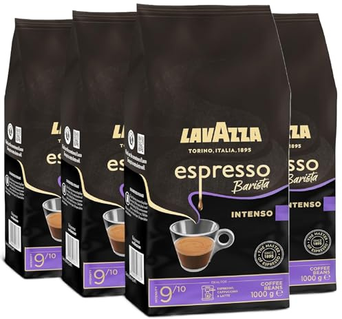 Lavazza, Espresso Barista Intenso, Arabica und Robusta Kaffeebohnen, 4 x 1kg, Intensität 9/10, mittlere Röstung, mit Kakao- und Holzaromen für einen intensiven Kaffee