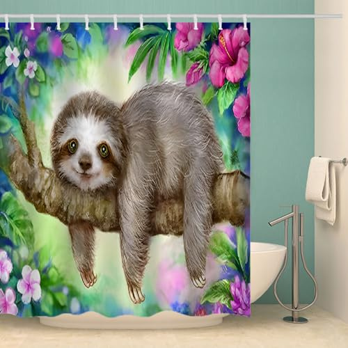 RFFLUX 3D Faultier Duschvorhang Anti Schimmel 180x200 cm mit 12 Ringe Polyester Faultier Duschvorhänge Anti-Bakteriell Waschbar Wasserdicht Badvorhänge für Badezimmer（Stil 30-6）