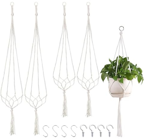 THINTON 4 Pack Macrame Plant Hanger, Indoor Hanging Plant Holder with 4 Hooks Hanging Pots for Plants Indoor Outdoor Home Garden Balcony Ceiling Decor - 100cm/80cm