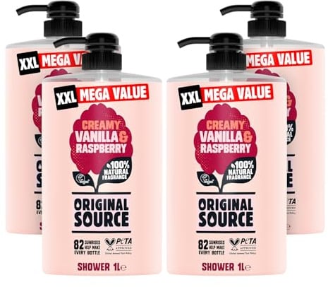 Original Source Vanilla & Raspberry Shower Gel with 100% Natural Fragrance, Vegan Paraben Free Body Shower Wash