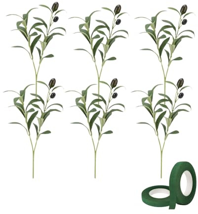 FLZOOY 6pcs Artificial Olive Branches Faux Olive Stems with Floral Tape