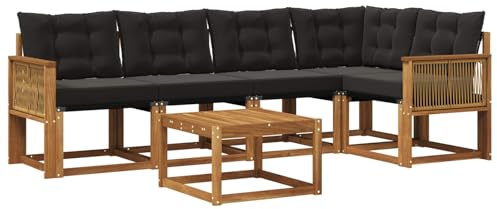 vidaXL Outdoor-Sofagarnitur mit Kissen 6 pcs Natürlich und Schwarz, Akazien Outdoor Sofa Set, modische Möbel für Terrasse, wetterfester Couch, entspannende Sitzgruppe im Garten