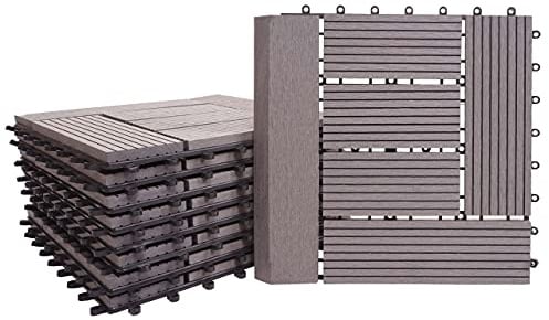 BERLINLODGE WPC Bodenfliese + Abschluss | 11x je BxT 30x30cm = 1qm Premium | Holzoptik Balkon/Terrasse | Grau versetzt