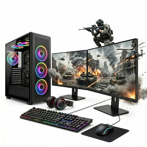 Full Gaming PC Setup with Dual 22 Monitors | Intel Core i5 Desktop | 16GB RAM | GT 730 2GB Graphics | 256GB SSD + 1TB HDD | RGB Gaming Case | WiFi | Win 11