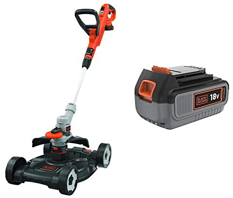 BLACK+DECKER Tondeuse à fil 3-en-1 18V : Coupe-Bordures, 28 cm, 2 Hauteurs de Coupe, Batterie Lithium 18V 4 Ah, Noir, Alimenté par pile, Basique