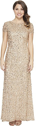 Adrianna Papell Women's Short-Sleeve All Over Sequin Gown Dress, Champagne/Gold, 14