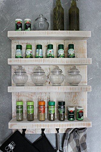 Dekorie Gewürzregal aus Holz für die Wand - Vintage Weiß - 4 Stellflächen - 65 x 50 x 12 cm - Massivholz