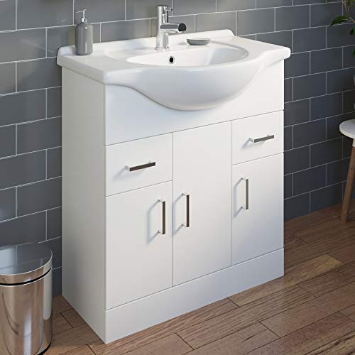 Essentials 750mm Bathroom Vanity Unit & Basin Sink Floorstanding Gloss White Tap + Waste