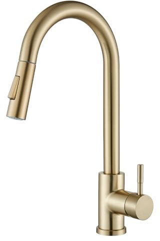 Suguword Pull Out Kitchen Sink Faucet Mixer Tap - High Arc Swivel Spout Bar Sink Tap 1 Hole Bathroom Basin Faucet Dual Spray Modes | Solid Brass | Brushed Gold | 360° Swivel