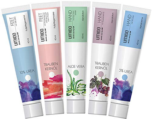 UMIDO 5 Stück Set Kosmetik-Set 45 ml | 1x Fußcreme mit 10% UREA | 1x Fußmaske Traubenkernöl | 1x Handlotion Aloe-Vera | 1x Handlotion Traubenkernöl | 1x Handcreme mit 5% UREA
