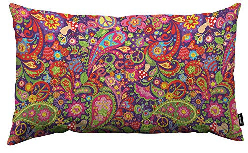 HOSNYE Hippie Kissenbezug mit lebendigem Muster, bunte Blumen, Friedens-Symbol, Pilze und Paisleymuster, Leinenstoff für Couch, Bett, Sofa, Auto, Taille Kissenbezug 30,5 x 50,8 cm