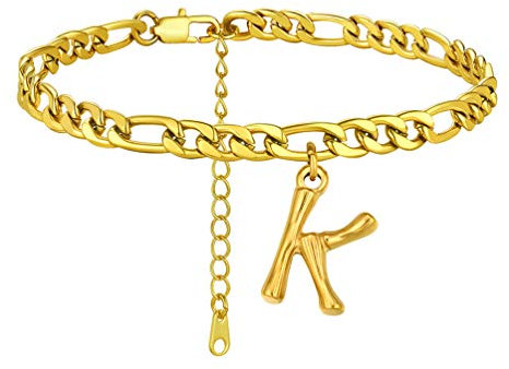 PROSTEEL Fußkettchen mit Charms Buchstabe K Fußkette 22+5cm 18k vergoldet Figarokette Initiale Anhänger Knöchelarmband Schlichte Damen Mädchen Sommer Strand Fußschmuck