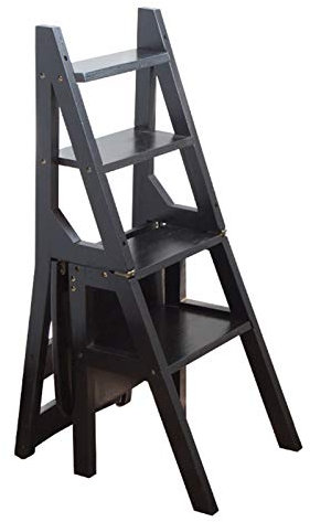 WYF-ZB Holzklappstufenleiter Stuhl - Faltbare 4 Stufen Hocker Heavy Duty Anti-Rutsch-Trittleiter |Bücherregal | Blumenständer | Abendessen Stühle for Küche und Bibliothek, Schwarz