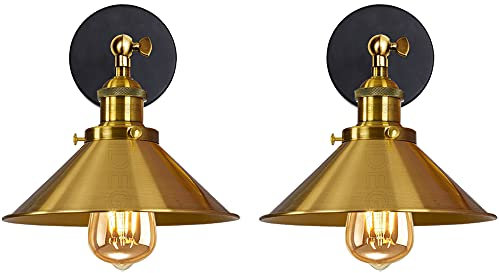 iDEGU 2 Stück Wandleuchte Industrielle Vintage Wandlampe Deckenleuchte Edison-Stil Metall Retro Lampe mit 180° Drehung E27 Fassung, 22 cm Lampenschirm (Gold/Messing)
