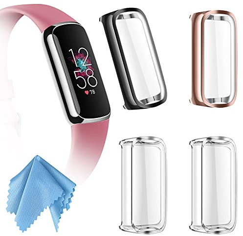 Fintie Hülle kompatibel mit Fitbit Luxe Schutzhülle, [4 Stück] Ultradünne Leichte Displayschutz Schutz Gehäuse Abdeckung, 1 Schwarz + 1 Roségold + 2 Transparent