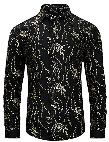 HISDERN Men's Luxury Shiny Gold Printed Shirts Long Sleeve Button Down Stylish Paisley Floral Dress Shirts for Wedding Party Nightclub Prom Black L