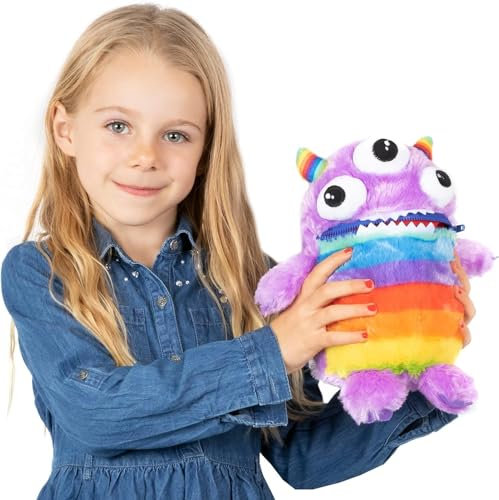 Worry Yummy Kinder Monster Plüschtier – 28 cm weiches Kuscheltier für Kinder – Jungen & Mädchen Angst, Stress & Angst reduzierender Schlafbegleiter – lila Reißverschluss