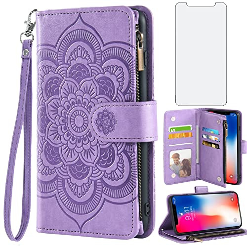 Asuwish Handyhülle für iPhone XS/X Hülle mit Folie Schutzfolie Kartenfach Klappbar Leder Blumen Geldbörse Ständer iPhone10Hülle i 10 10s 10x 10xs Handy Hüllen Schutzhülle Wallet Cover Phone Case Lila