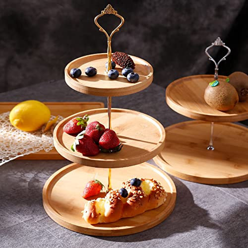 AOOGON Etagere Bamboo, 3-Tier Round Cake Stand, Serving Plate Made of Natural Bamboo, Serving Tray for Fruit, Desserts, Cakes, Cheese, Sausage, Biscuits, Nuts, Sweets Candy Bar