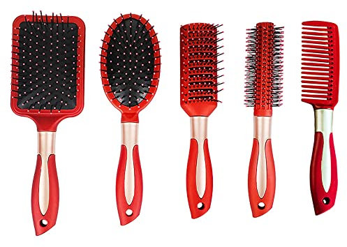 5 Pcs Hair Brush Set Anti Static Massage Oval Comb Air Cushion Vent Hair Brush Red Detangling Paddle Hairbrush for Women Men All Wet or Dry Hair's Detangle, Add Shine, Massage