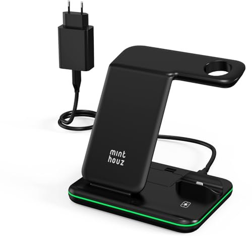 Minthouz Phone Wireless Charger, 18W Fast Charging Station for iWatch (Watch Charger is NOT included), AirPods, Wireless Charger Stand Compatible with iPhone 15/14/13/12/11 Series (with QC3.0 Adapter)