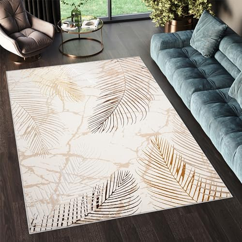 TAPISO Golden Tapis Salon Poils Courts Brillant Moderne Crème Or Beige Marron Gris Moucheté Feuille de Palmier Tapis Chambre Adulte Salle à Manger Oeko-TEX Résistant 140 x 200 cm