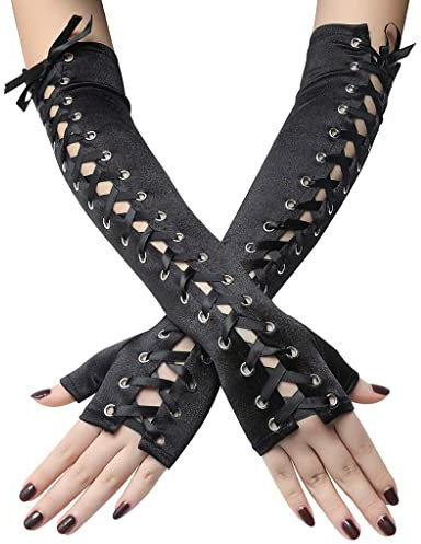 SEAUR Damen Armstulpen Schwarz Goth Punk Handschuhe Satin Fingerlos Armwärmer mit Schnürung für Cosplay Karneval Party Halloween Kostüm - 1 Paar