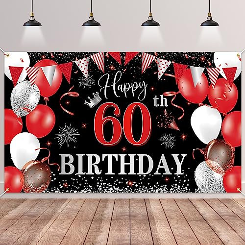 60.Geburtstag Banner Rot Schwarz,BTZO 60.Geburtstagsbanner,Deko 60 Geburtstag Dekoration Banner Hintergrund für 60 Frauen und Männer Geburtstagsfeier Deko