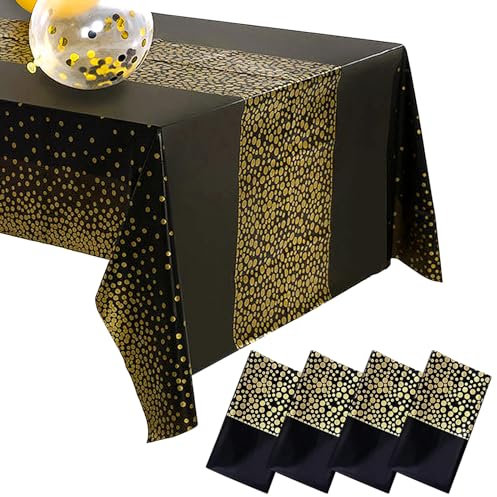 Party Tischdecke, 4 Stück Wiederverwendbarer Tischdecke Schwarz Gold Rechteck Tischdecke für Hochzeiten Geburtstage und Weihnachten