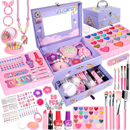 Purpledi Maquillage Enfant Jouet, 59pcs Lavable Malette, Coffret Makeup Set pour Filles - Cadeau de Noël d'Anniversaire pour 4-10+ Ans