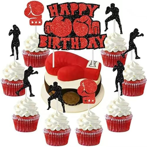 Guoguonb 3 Sets Boxes Cake Decorations Happy Birthday Cake Topper Boxer Gloves Cupcake for Sports Themed Kids Birthday Party Decoration