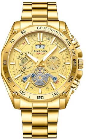 JewelryWe Uhren Herren Edelstahl Tourbillon: Luxus Datum Kalender 30m wasserdichte Analog Quarz Armbanduhr Männer Gold Edelstahl Armband Uhr mit Rundem Tourbillon Zifferblatt und Leuchtzeiger