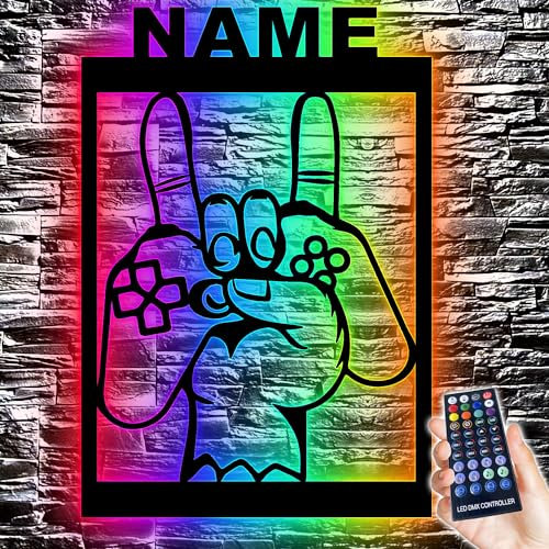 LEON FOLIEN Gaming Led Schild in RGB Beleuchtung - Personalisiert NAME auf Holz - Gamer Geschenke - Besondere Geschenke für Videospiel - Zimmer Beleuchtung Wand Lampe